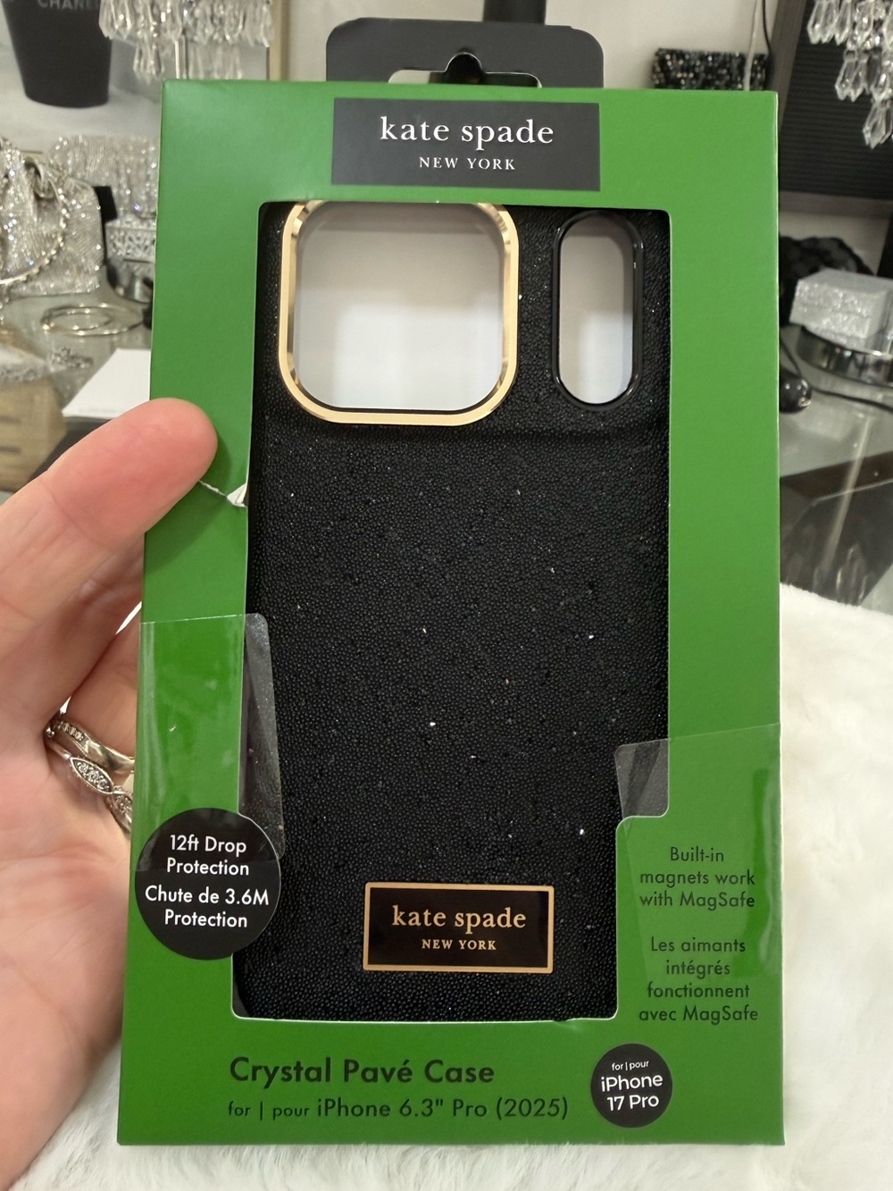 kate spade Black Crystal Pavé iPhone 17 Pro Case with Gold Trim